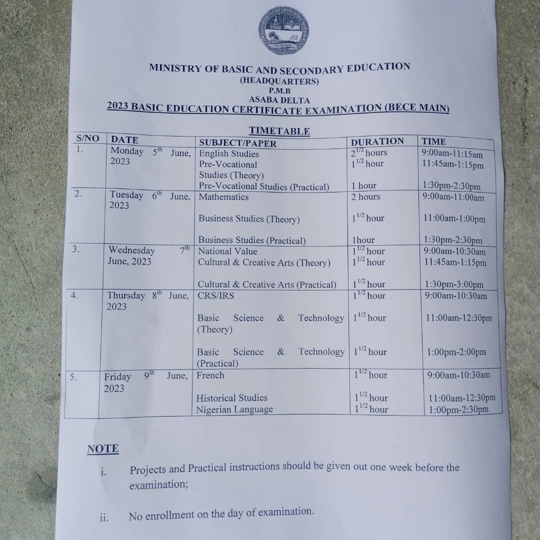 Junior WAEC time table 2024/2025 BECE time table 2024 SCHOOLINFOSPOT